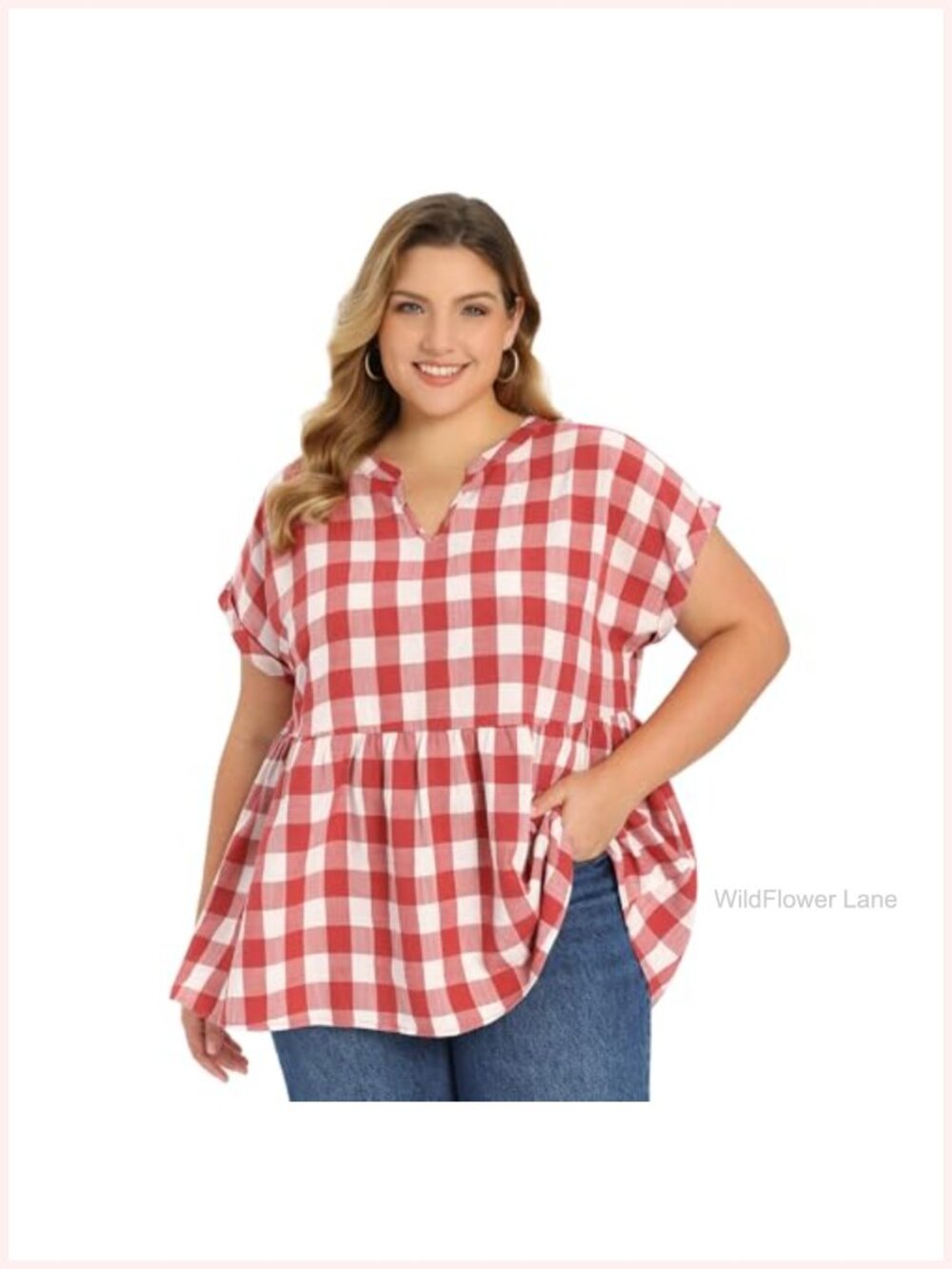 Plus Size Gingham Babydoll Peplum Blouse Notch V Neck Short Sleeve